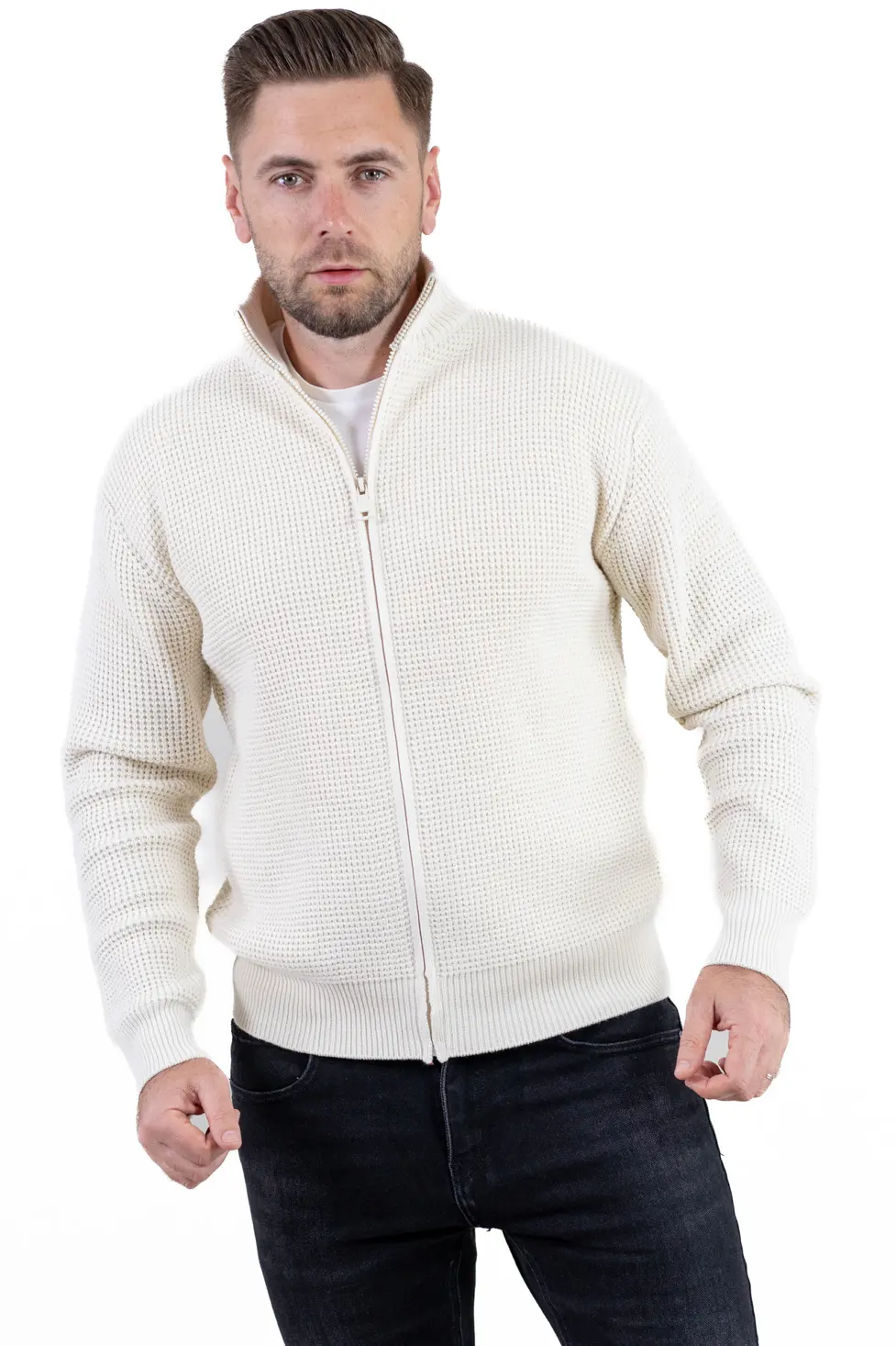 Cardigan bărbați crem din tricot cu fermoar și guler semi-înalt [4]