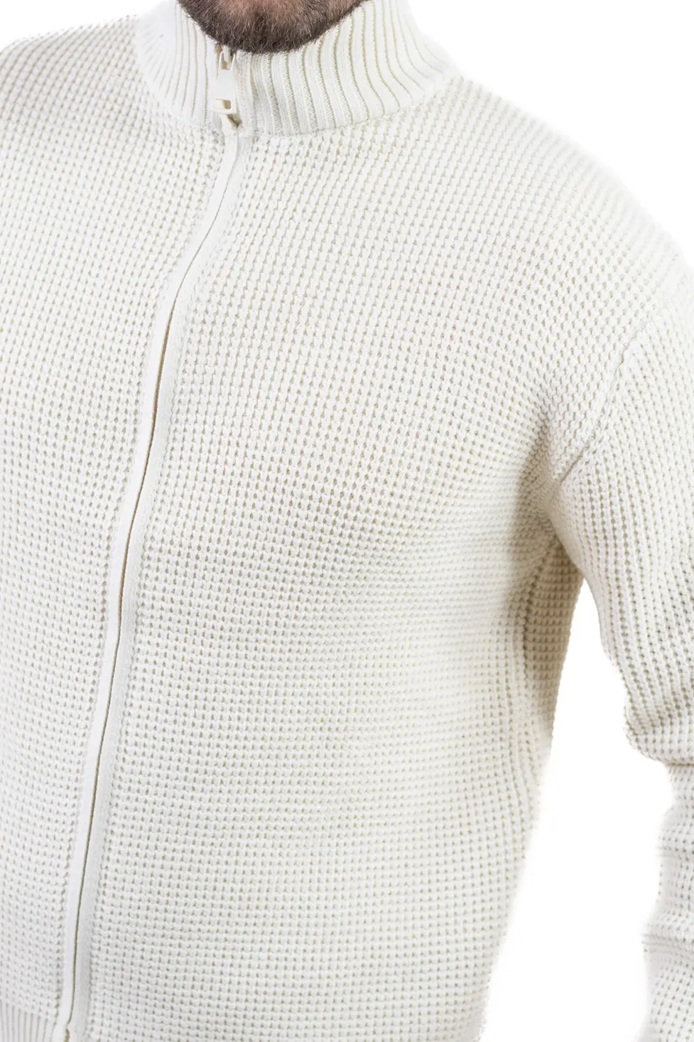 Cardigan bărbați crem din tricot cu fermoar și guler semi-înalt [3]