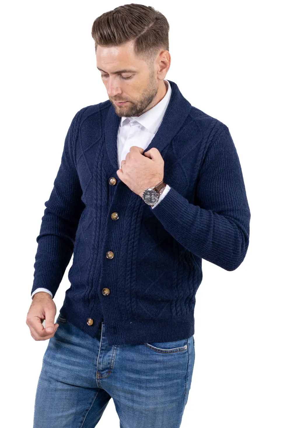 Cardigan bărbați bleumarin cu torsade și rever [2]