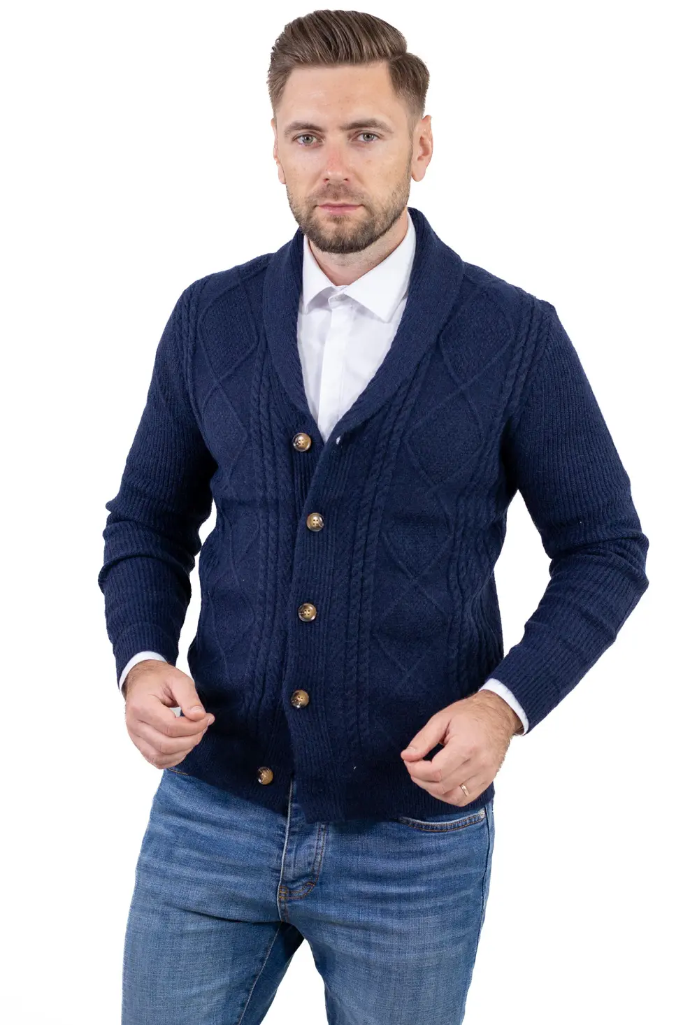Cardigan bărbați bleumarin cu torsade și rever [1]