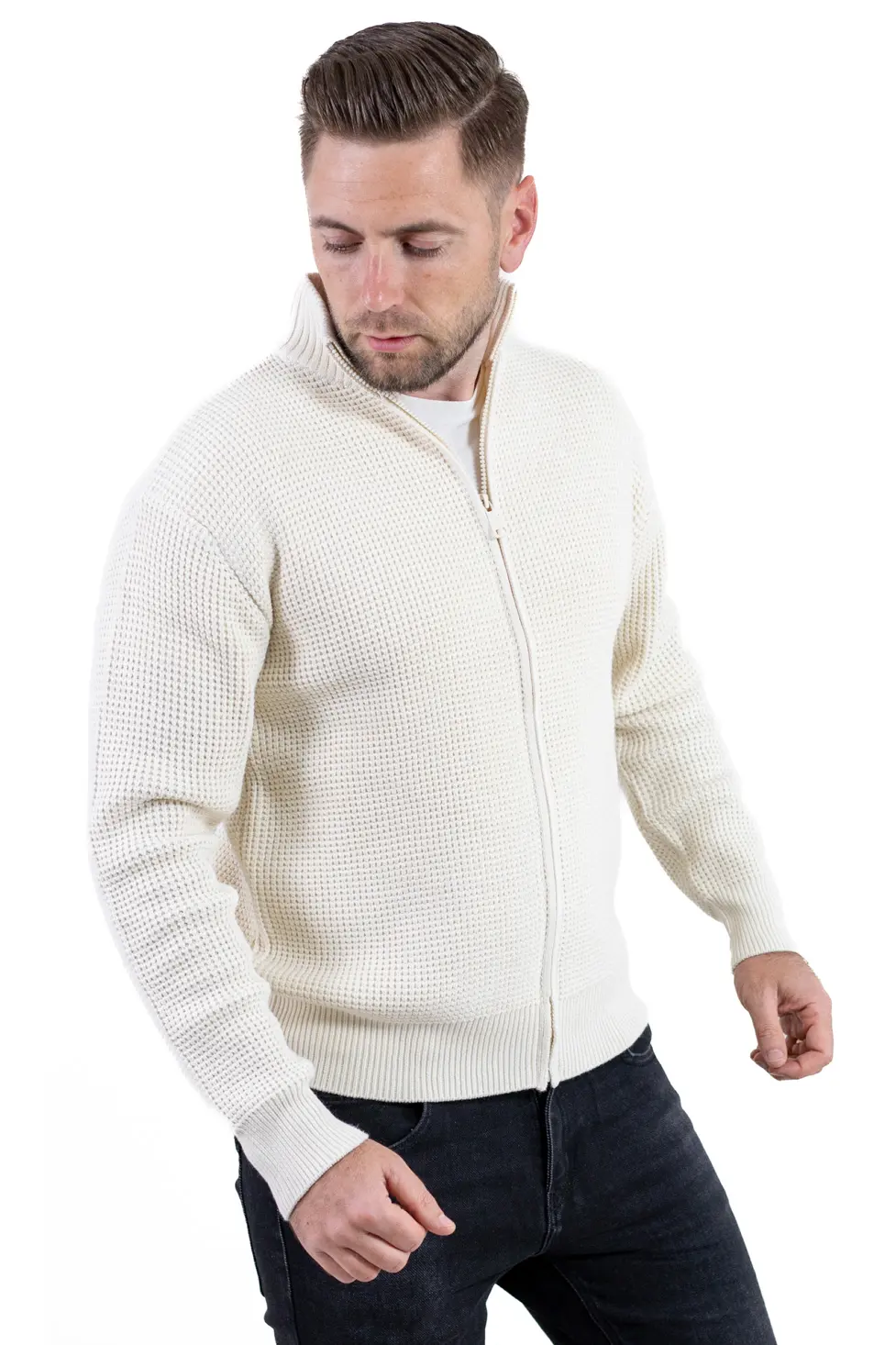 Cardigan bărbați crem din tricot cu fermoar și guler semi-înalt [5]