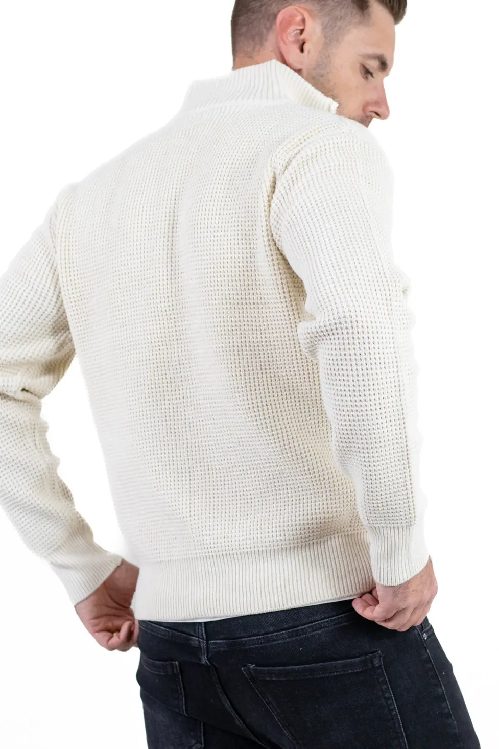 Cardigan bărbați crem din tricot cu fermoar și guler semi-înalt [7]
