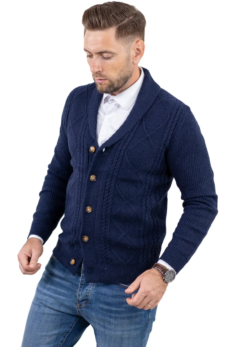 Cardigan bărbați bleumarin cu torsade și rever [8]