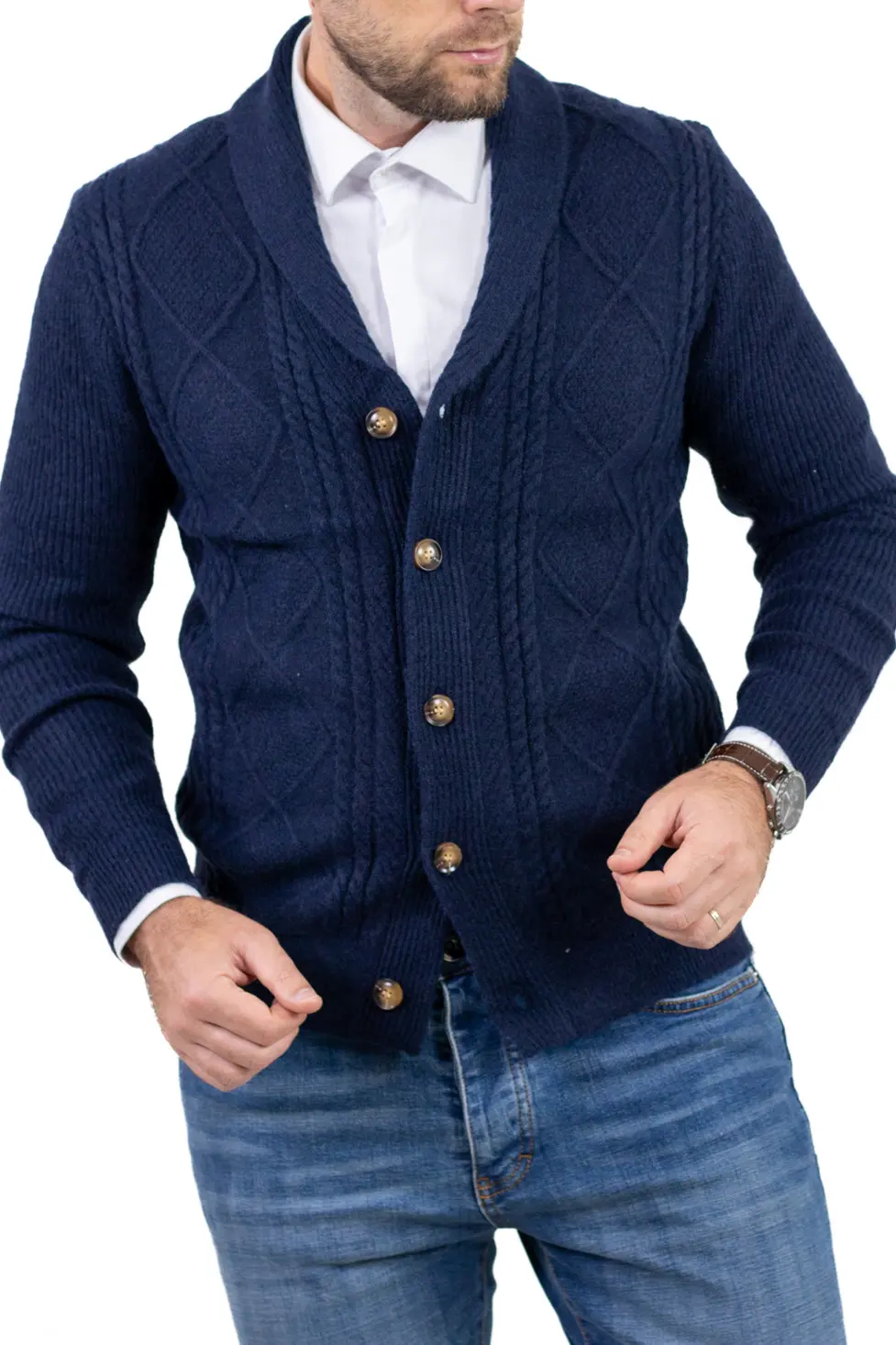 Cardigan bărbați bleumarin cu torsade și rever [3]