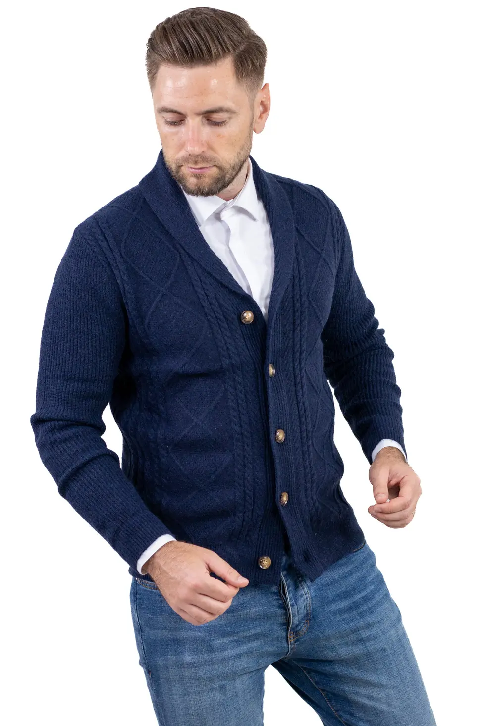 Barbati - Cardigan bărbați bleumarin cu torsade și rever