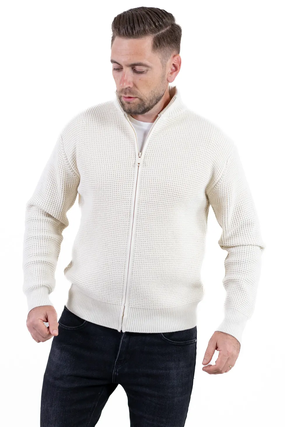 Barbati - Cardigan bărbați crem din tricot cu fermoar și guler semi-înalt