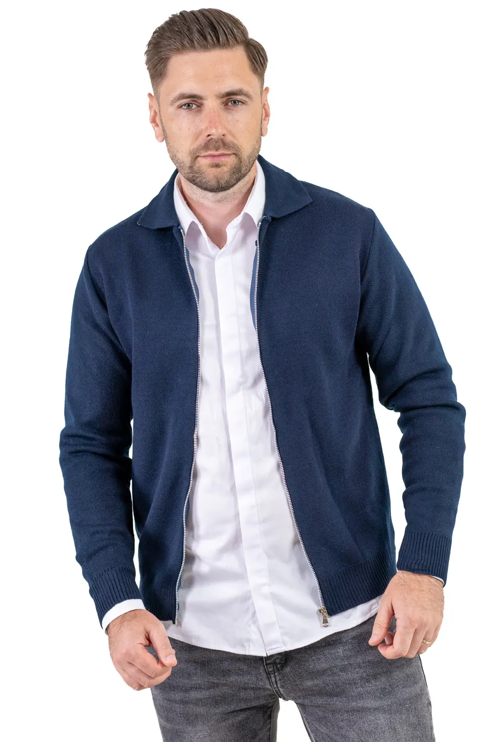Cardigan bleumarin din tricot cu fermoar si guler normal [8]