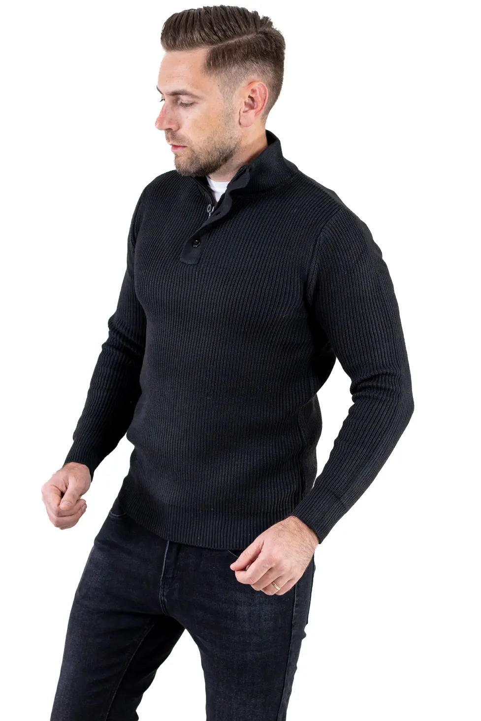 Barbati - Pulover bărbați din tricot cu guler semi-înălțat și fermoar negru