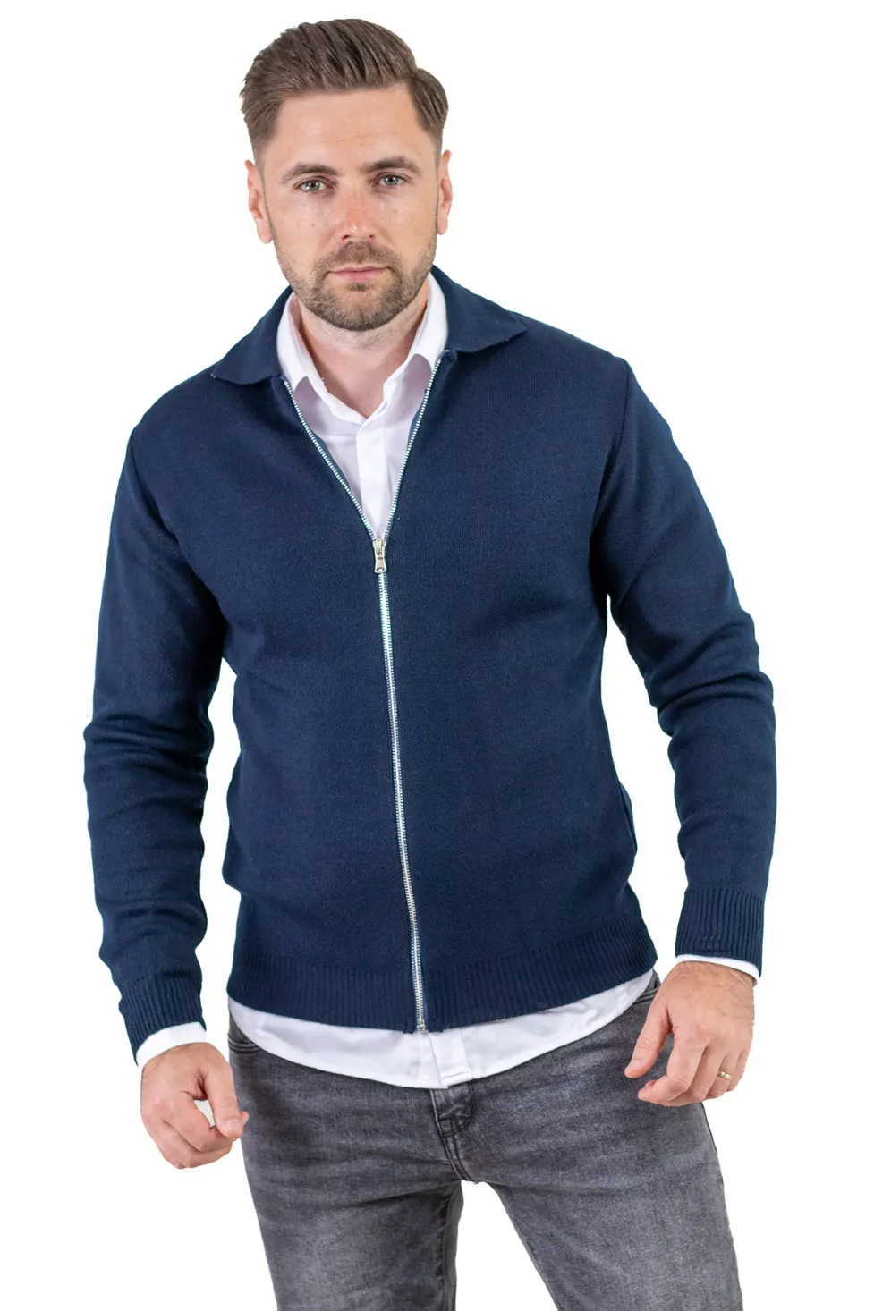 Noutati - Cardigan bleumarin din tricot cu fermoar si guler normal
