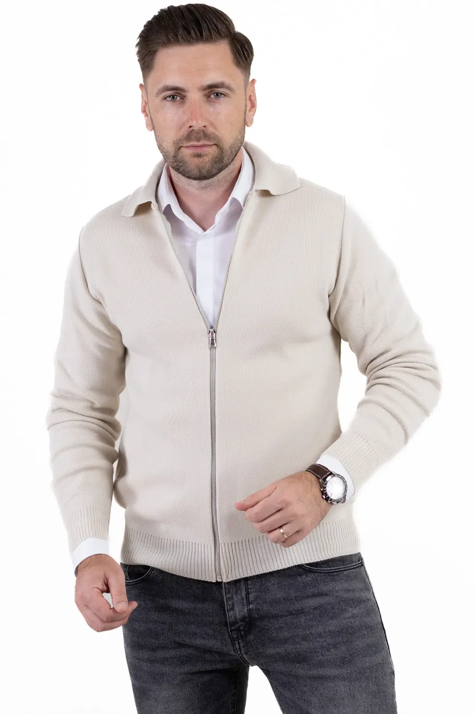 Cardigan crem din tricot cu fermoar si guler normal [4]