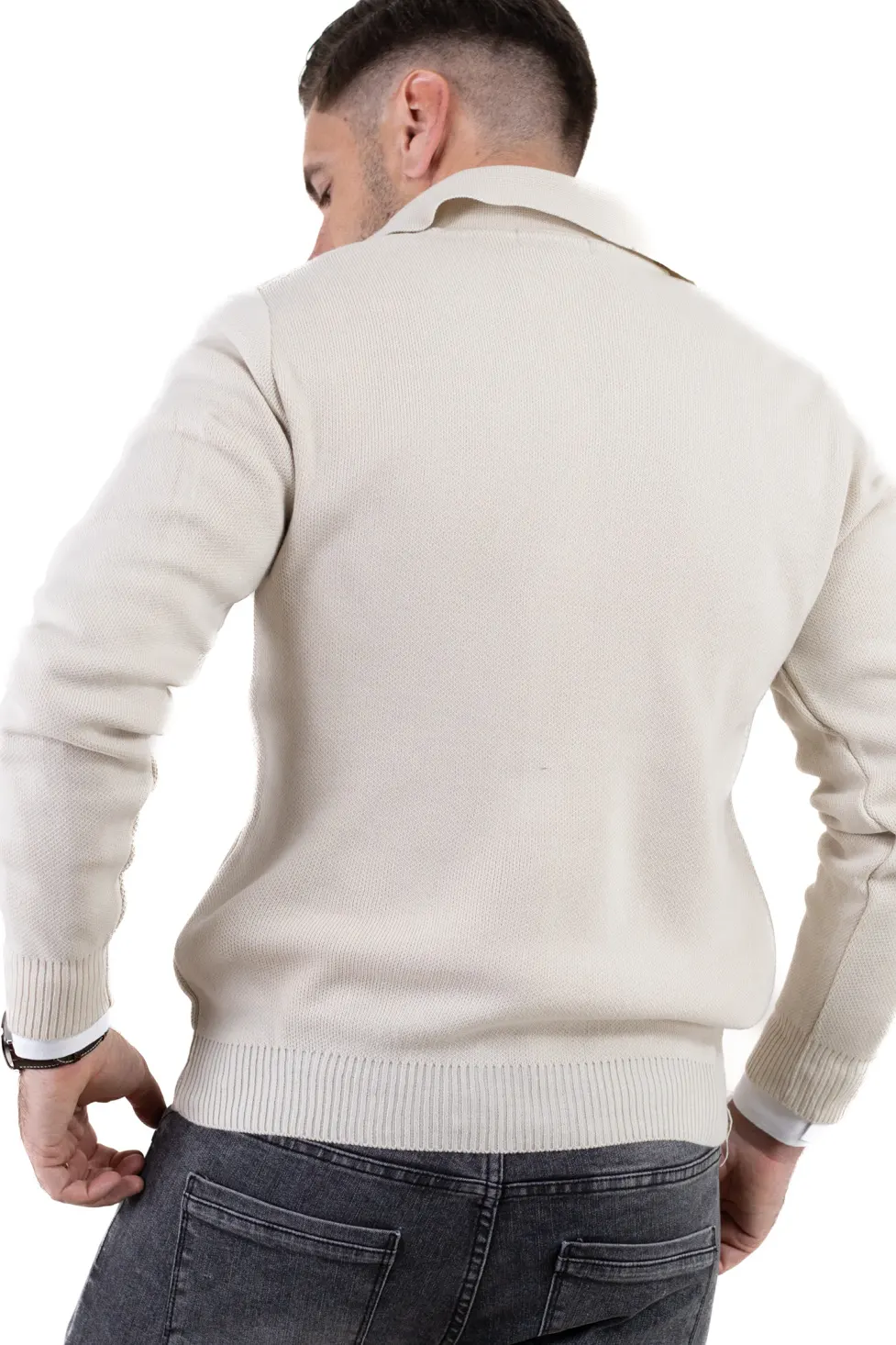 Cardigan crem din tricot cu fermoar si guler normal [8]