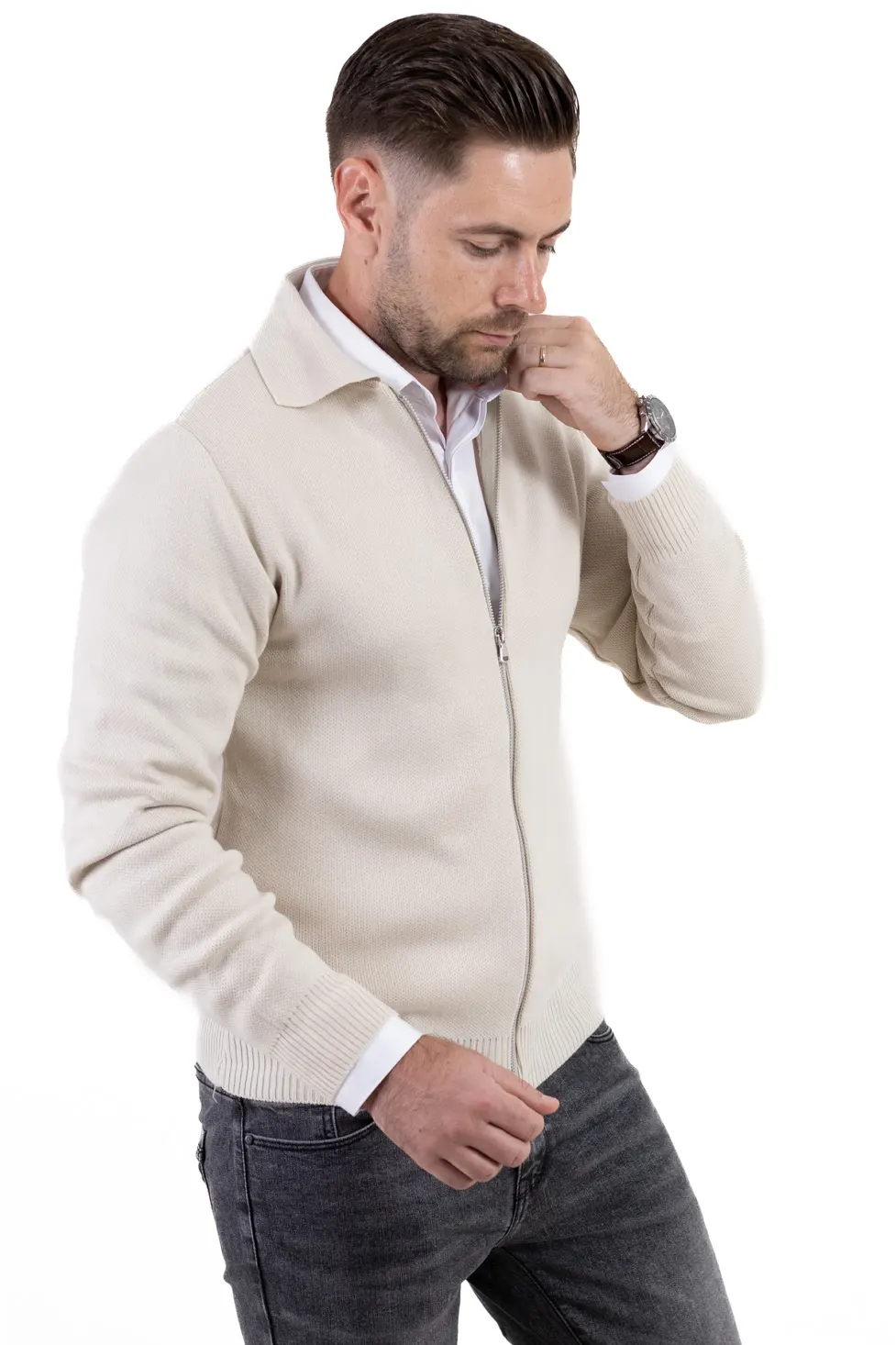 Noutati - Cardigan crem din tricot cu fermoar si guler normal