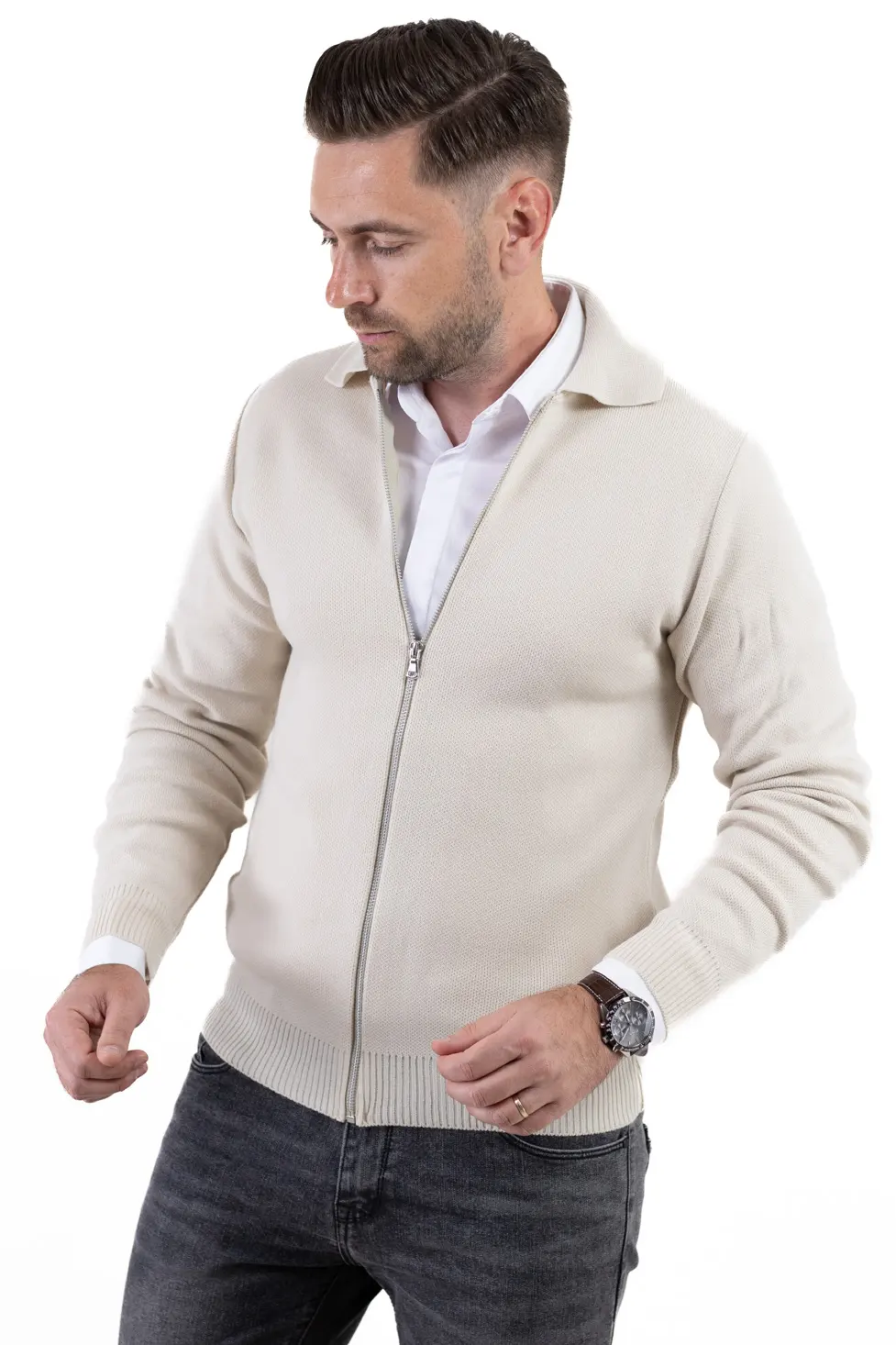 Cardigan crem din tricot cu fermoar si guler normal [5]