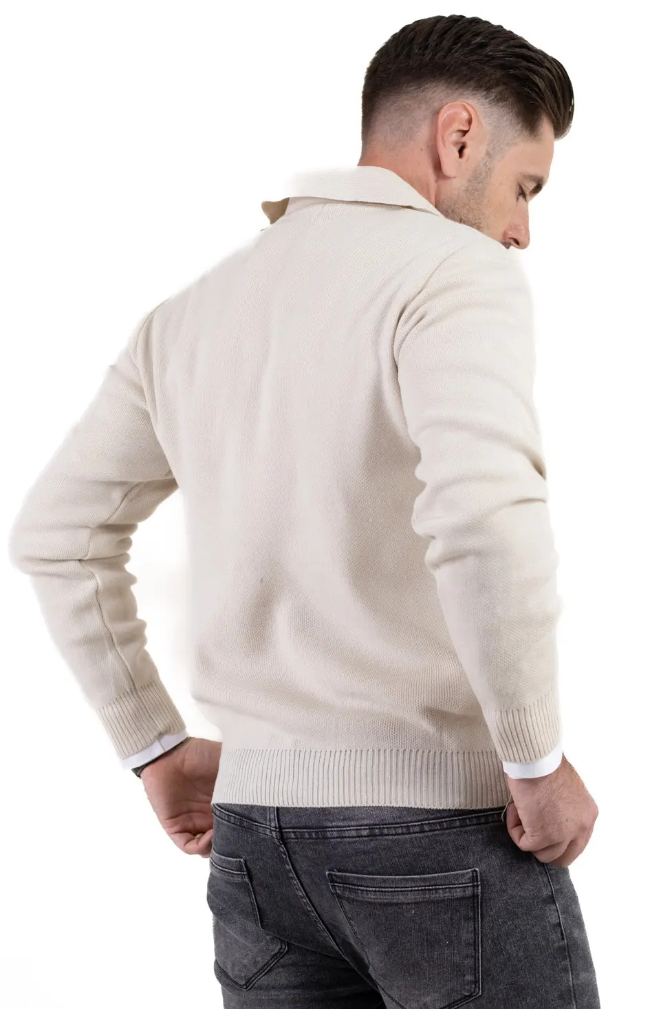 Cardigan crem din tricot cu fermoar si guler normal [9]