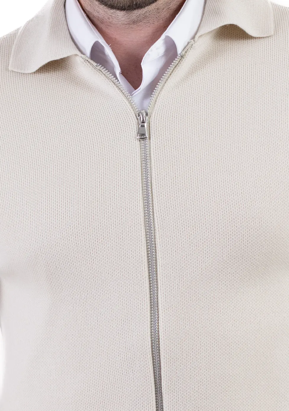 Cardigan crem din tricot cu fermoar si guler normal [1]