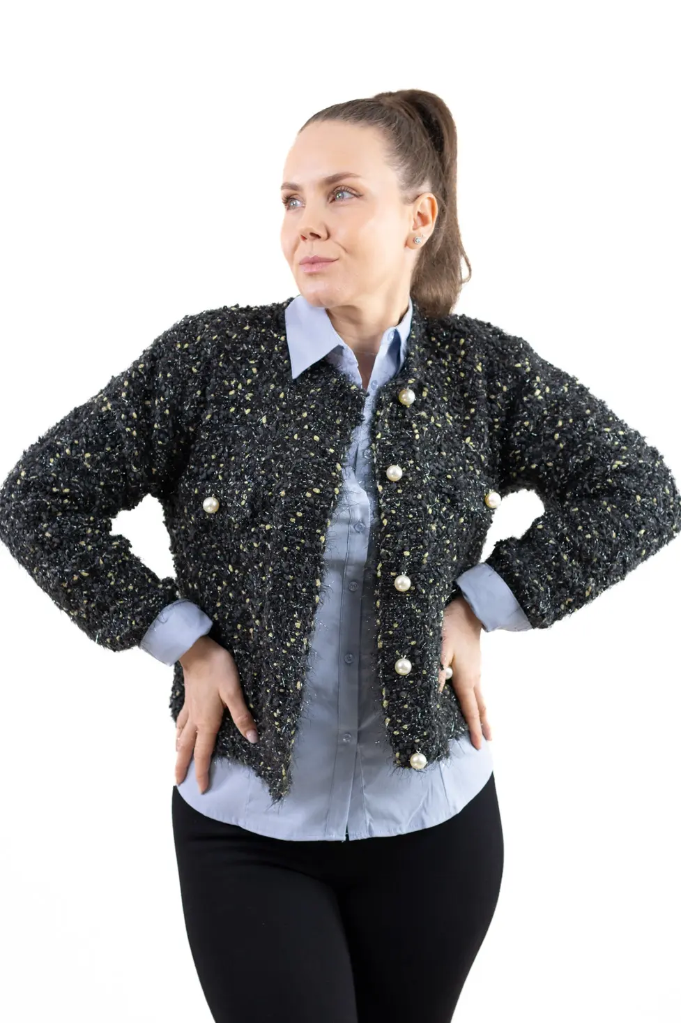 Cardigan buclé cu nasturi tip perlă – tricot elegant pentru femei [1]