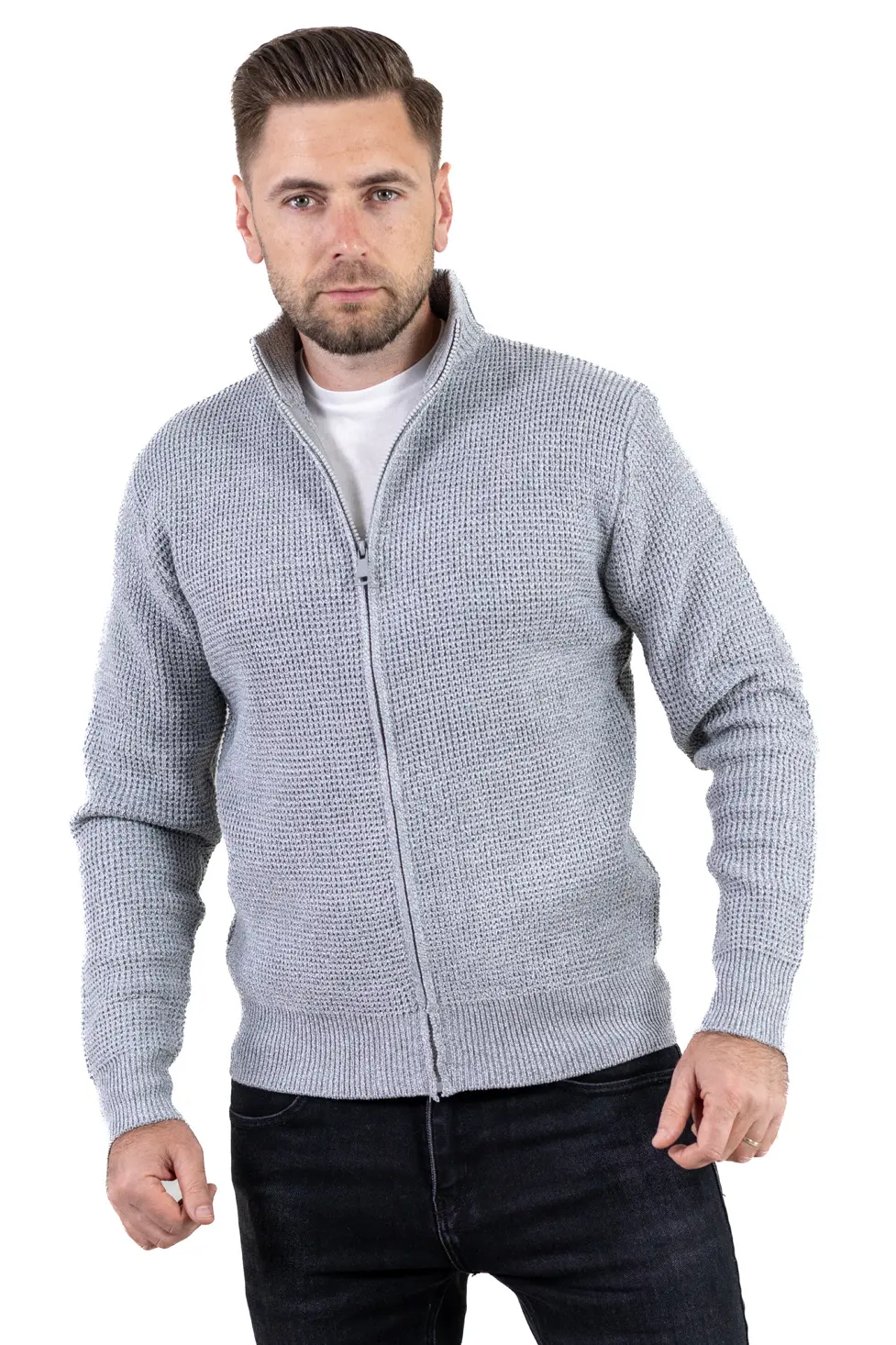 Cardigan bărbați gri din tricot cu fermoar și guler semi-înalt [4]