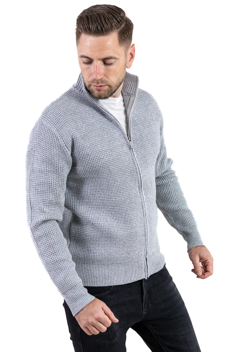 Cardigan bărbați gri din tricot cu fermoar și guler semi-înalt [5]