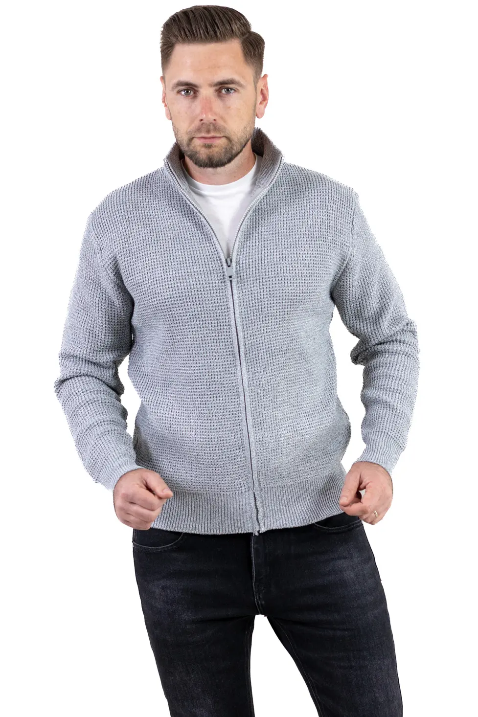 Cardigan bărbați gri din tricot cu fermoar și guler semi-înalt [1]
