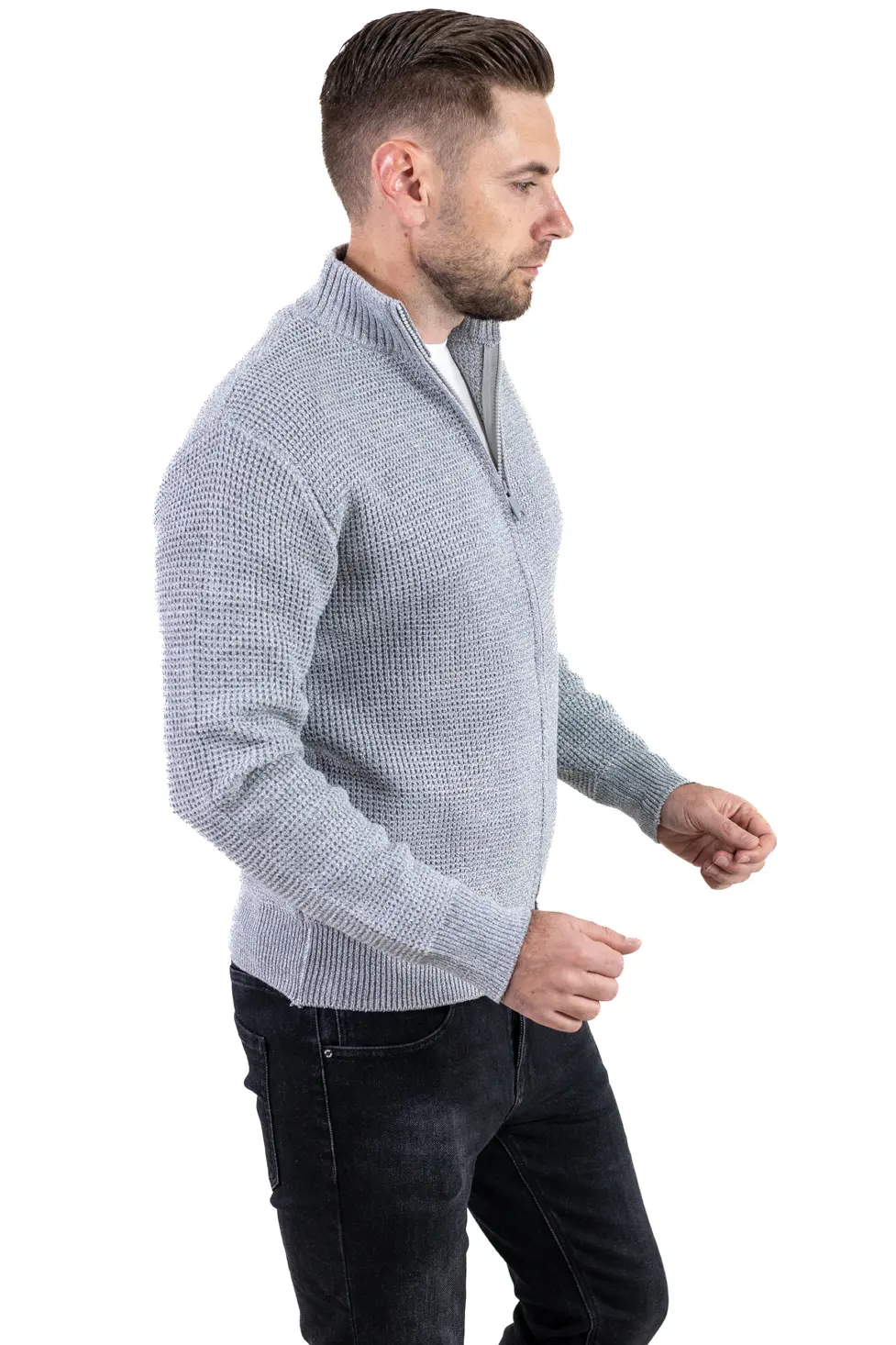 Cardigan bărbați gri din tricot cu fermoar și guler semi-înalt [6]