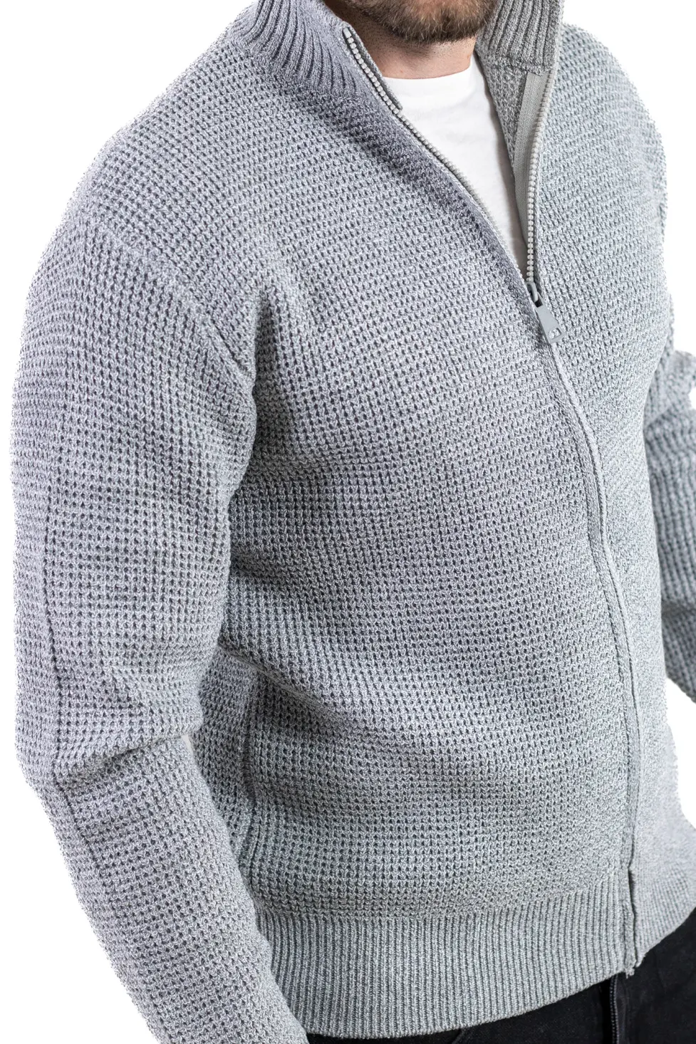 Cardigan bărbați gri din tricot cu fermoar și guler semi-înalt [3]