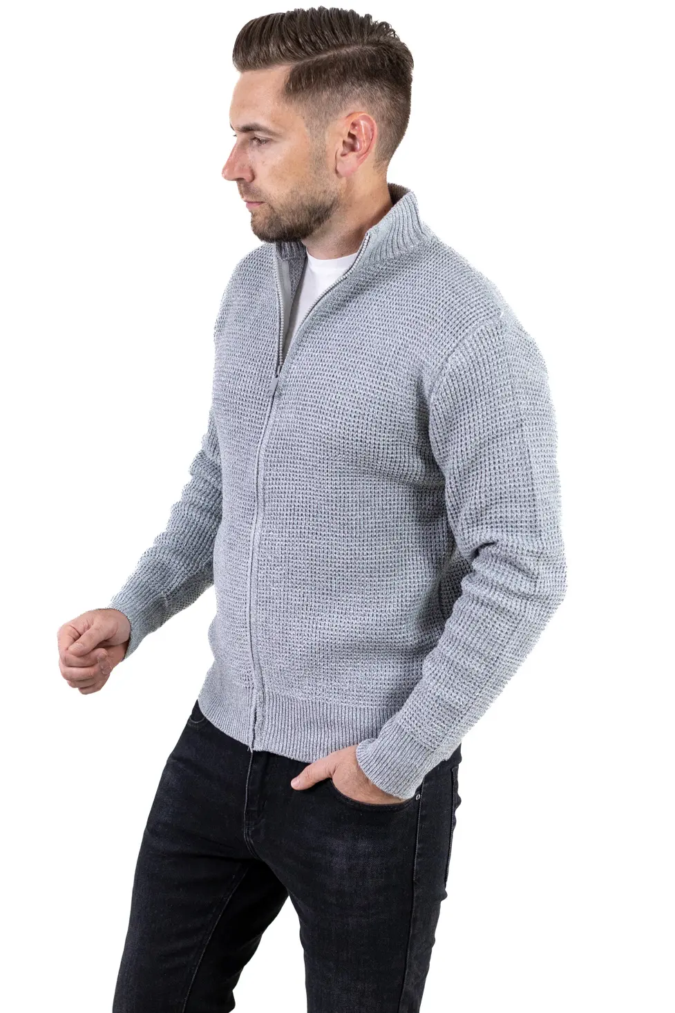 Barbati - Cardigan bărbați gri din tricot cu fermoar și guler semi-înalt
