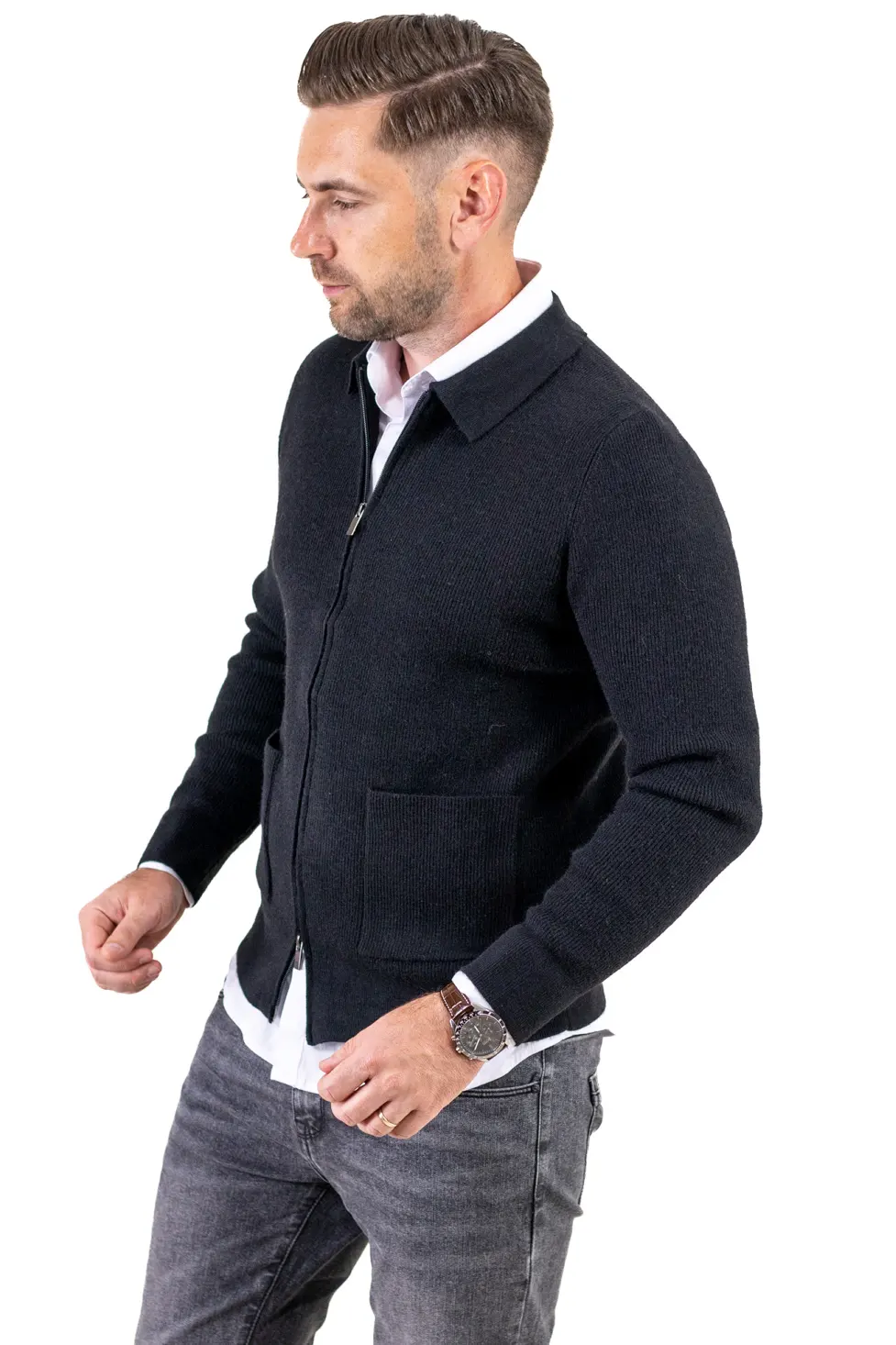 Cardigan elegant bărbați cu fermoar dublu șiguler clasic, negru [5]