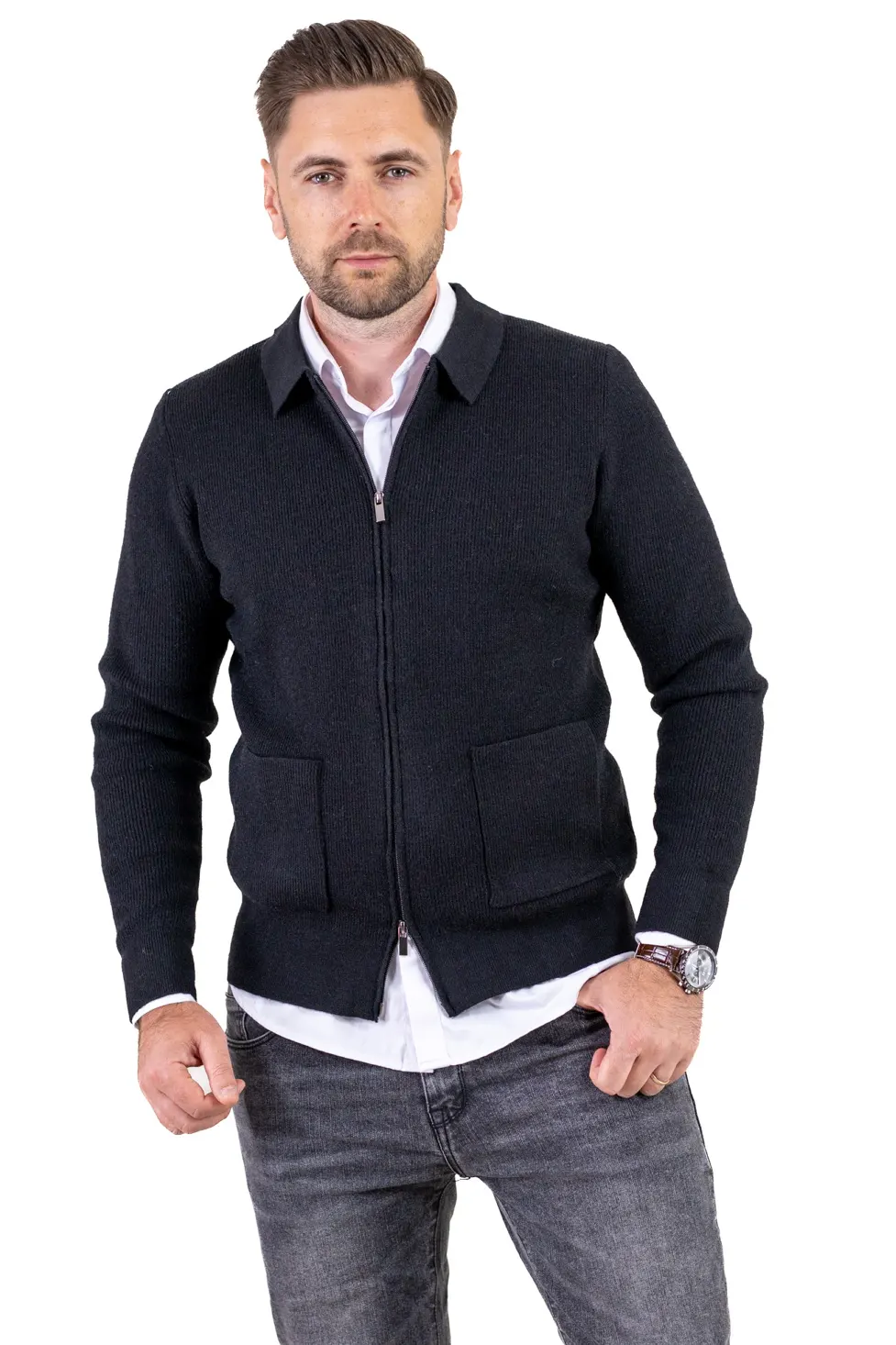 Noutati - Cardigan elegant bărbați cu fermoar dublu șiguler clasic, negru