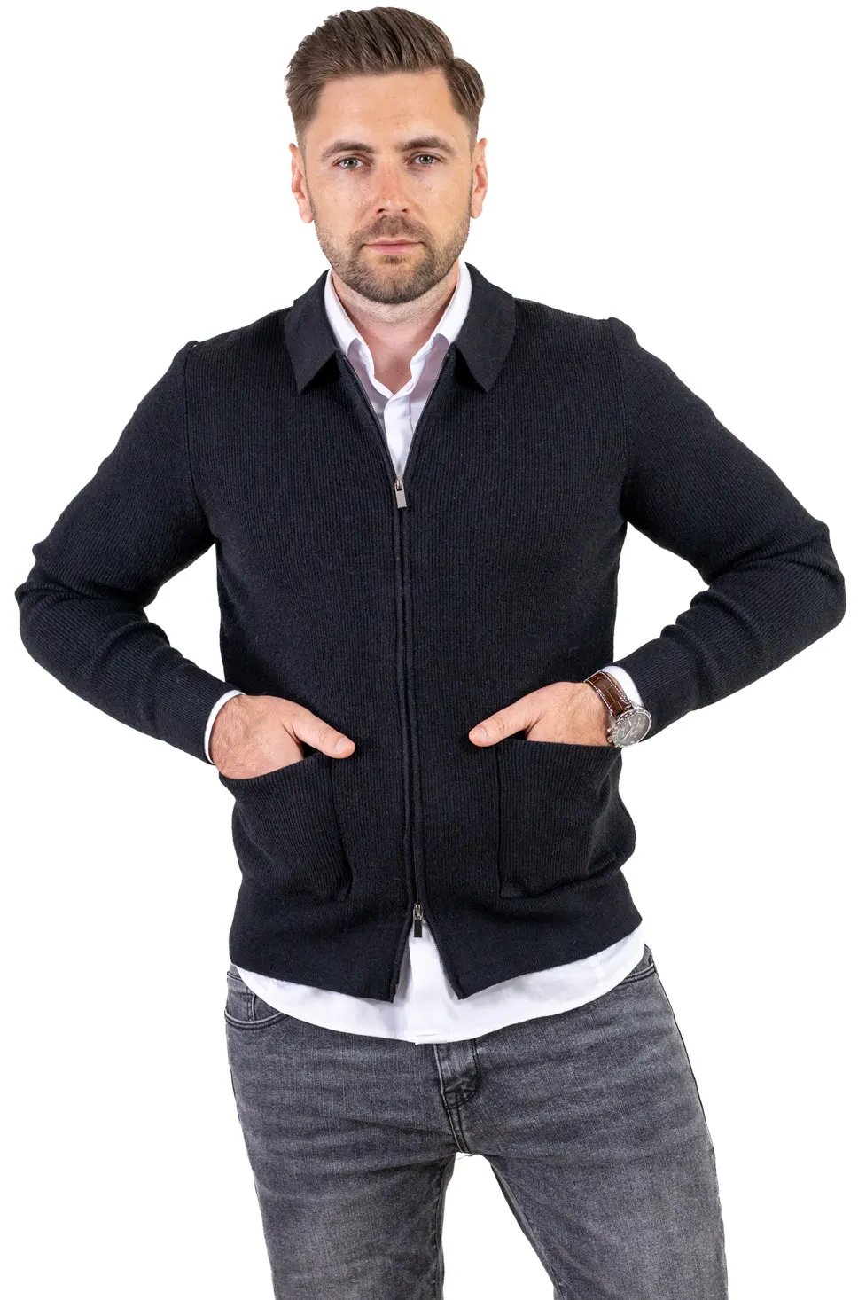 Cardigan elegant bărbați cu fermoar dublu șiguler clasic, negru [4]