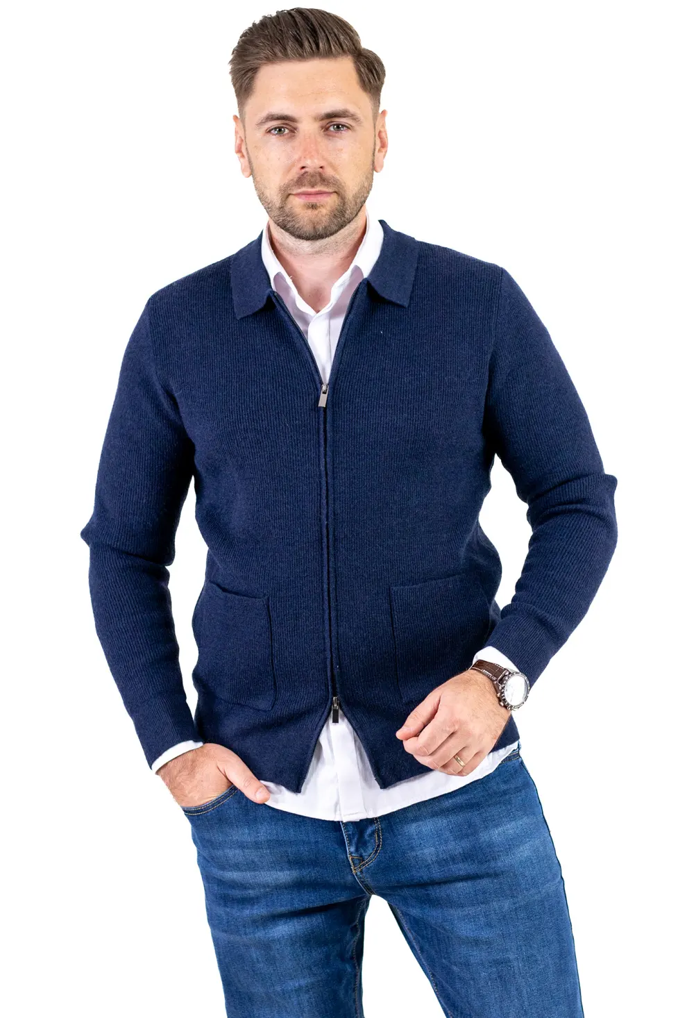 Cardigan elegant bărbați cu fermoar dublu șiguler clasic, bleumarin [4]