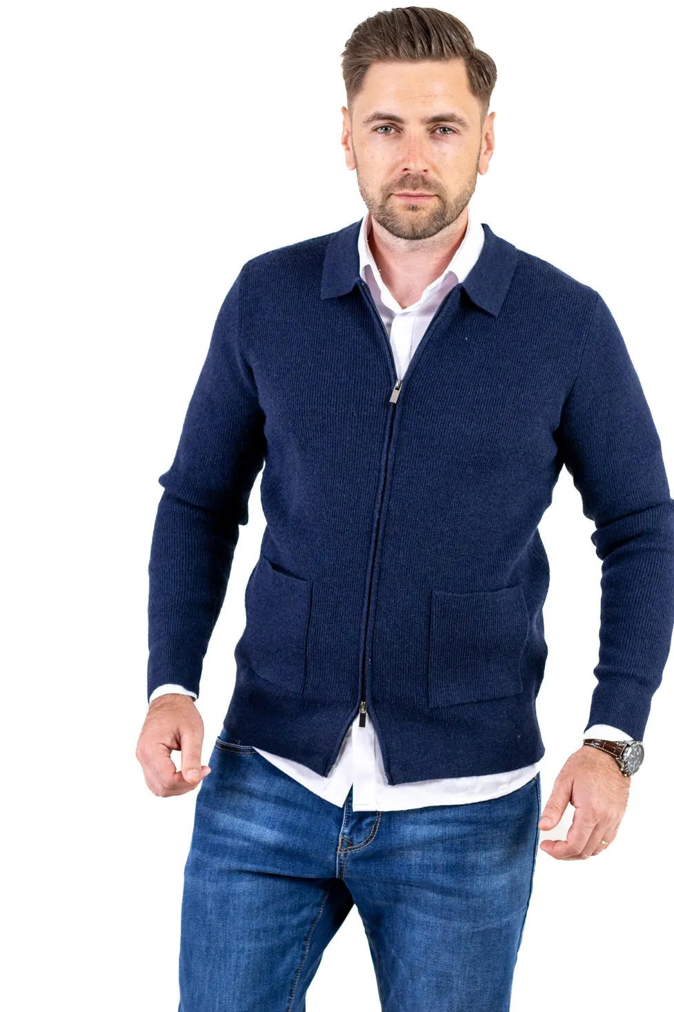 Noutati - Cardigan elegant bărbați cu fermoar dublu șiguler clasic, bleumarin