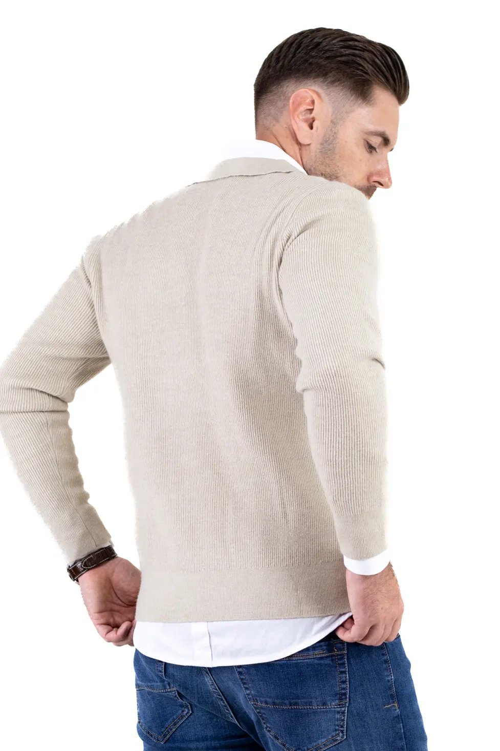 Cardigan elegant bărbați cu fermoar dublu șiguler clasic, crem [6]
