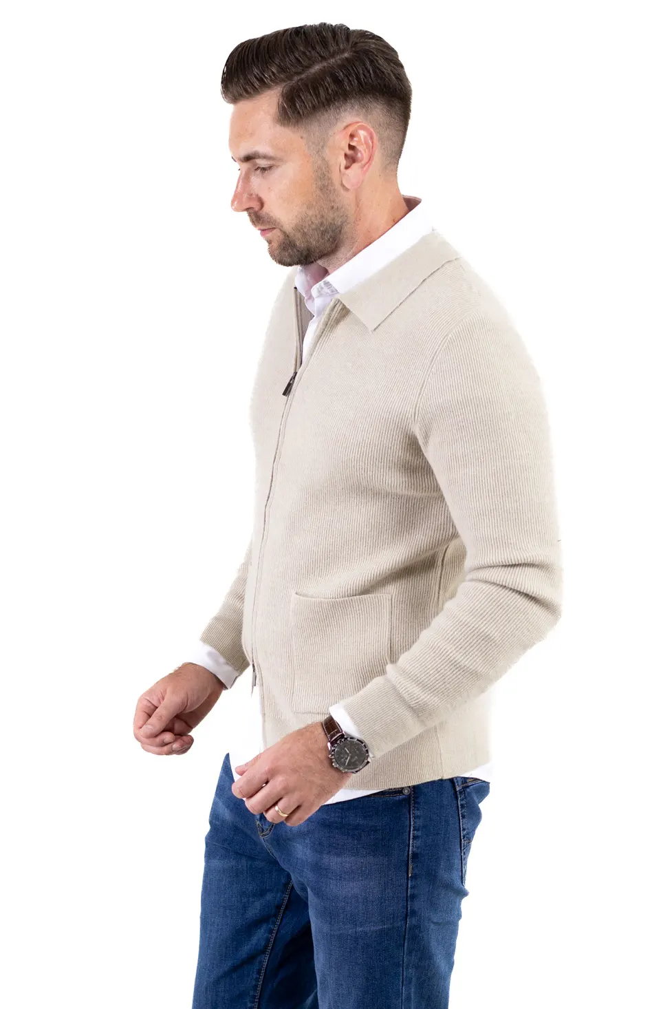 Cardigan elegant bărbați cu fermoar dublu șiguler clasic, crem [4]
