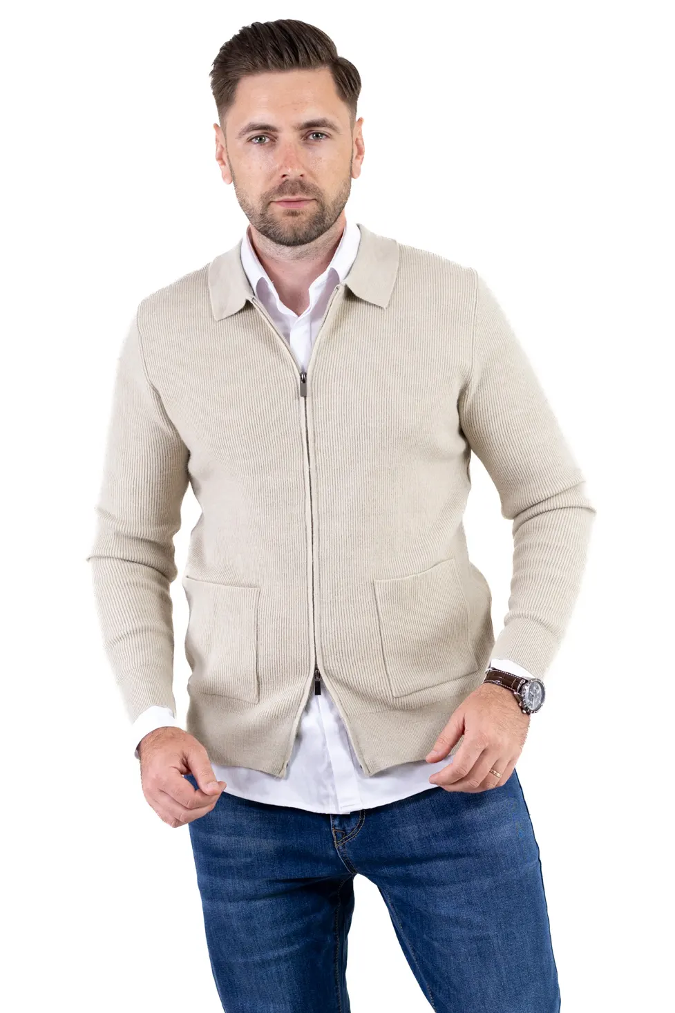 Noutati - Cardigan elegant bărbați cu fermoar dublu șiguler clasic, crem