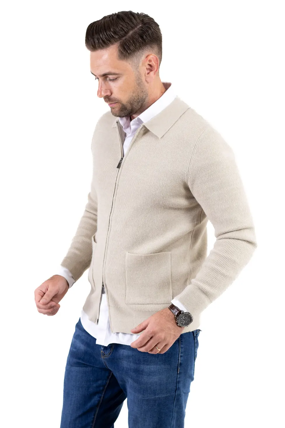Cardigan elegant bărbați cu fermoar dublu șiguler clasic, crem [2]