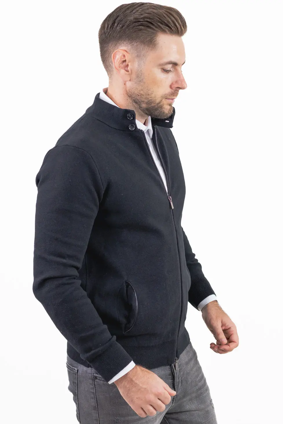 Cardigan elegant bărbați negru cu fermoar dublu [9]