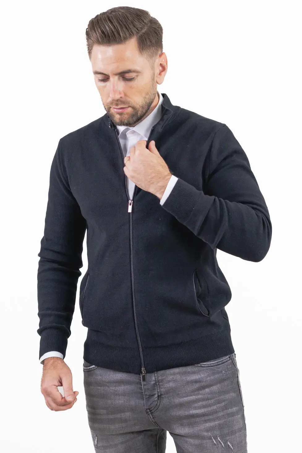 Cardigan elegant bărbați negru cu fermoar dublu [8]