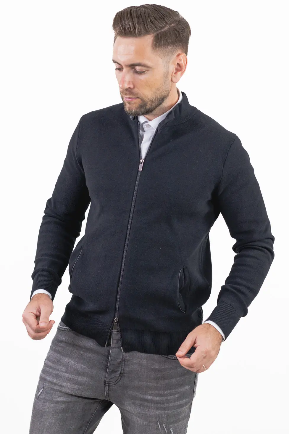 Promotii - Cardigan elegant bărbați negru cu fermoar dublu
