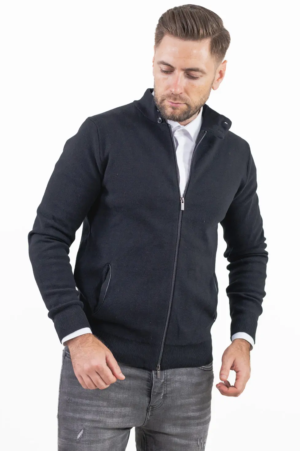 Cardigan elegant bărbați negru cu fermoar dublu [7]