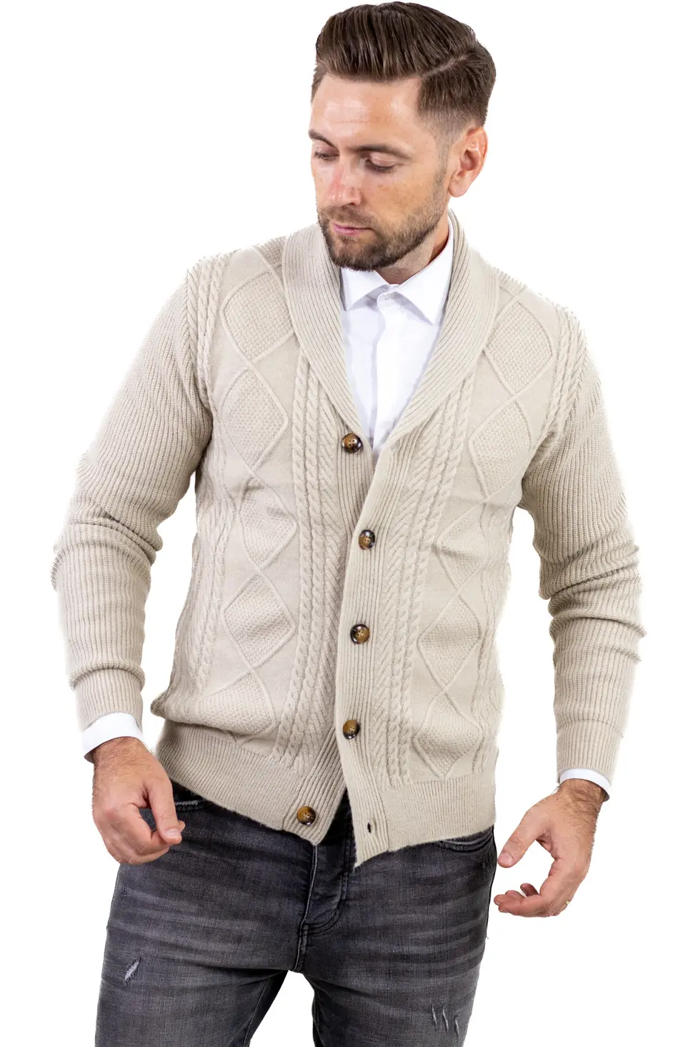 GECI - Cardigan bărbați bej cu torsade și rever