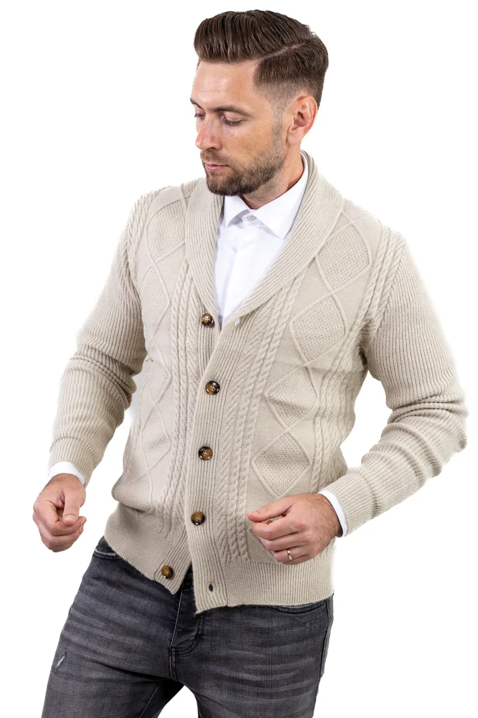 Cardigan bărbați bej cu torsade și rever [7]