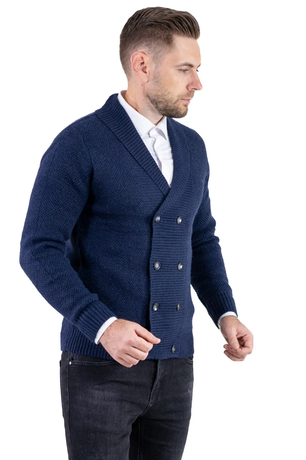 Cardigan bleumarin bărbați elegant cu rever și nasturi [5]