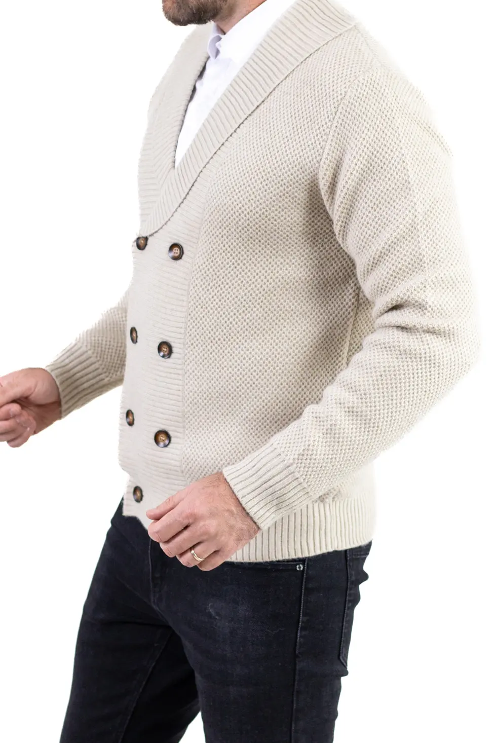 Cardigan crem bărbați elegant cu rever și nasturi [6]