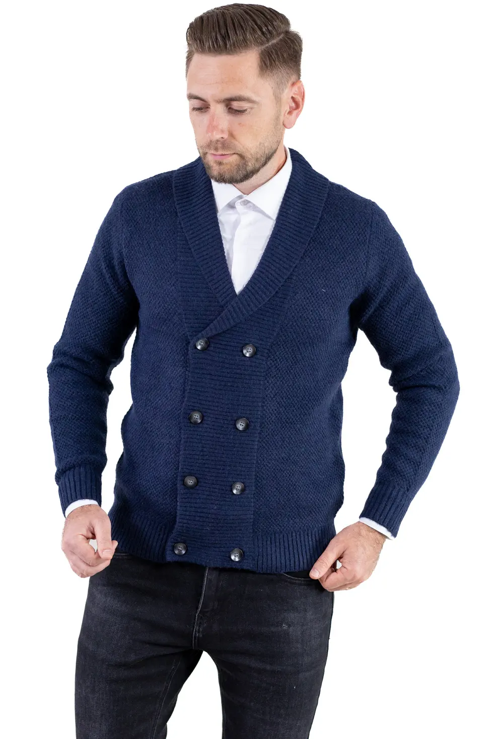 Barbati - Cardigan bleumarin bărbați elegant cu rever și nasturi