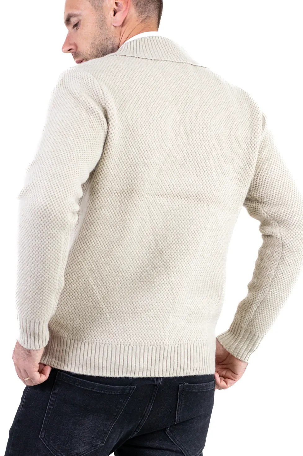 Cardigan crem bărbați elegant cu rever și nasturi [7]