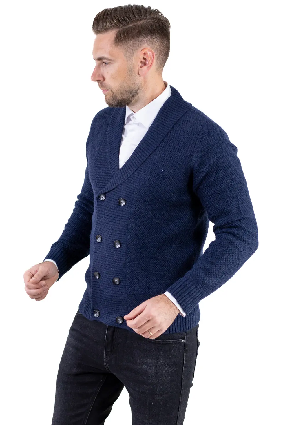 Cardigan bleumarin bărbați elegant cu rever și nasturi [6]