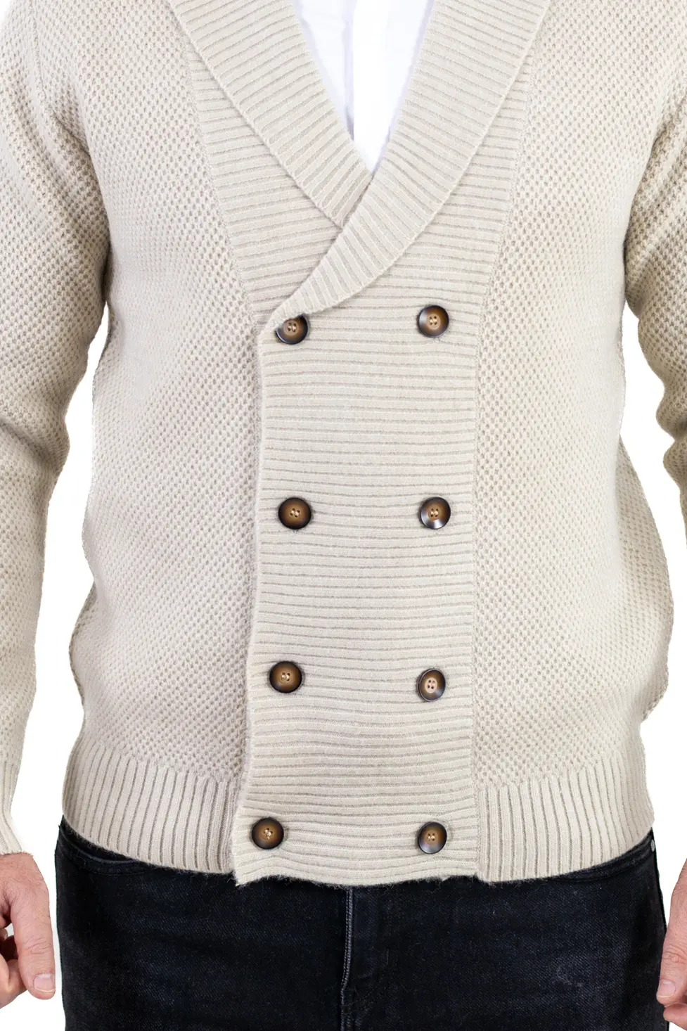 Cardigan crem bărbați elegant cu rever și nasturi [2]