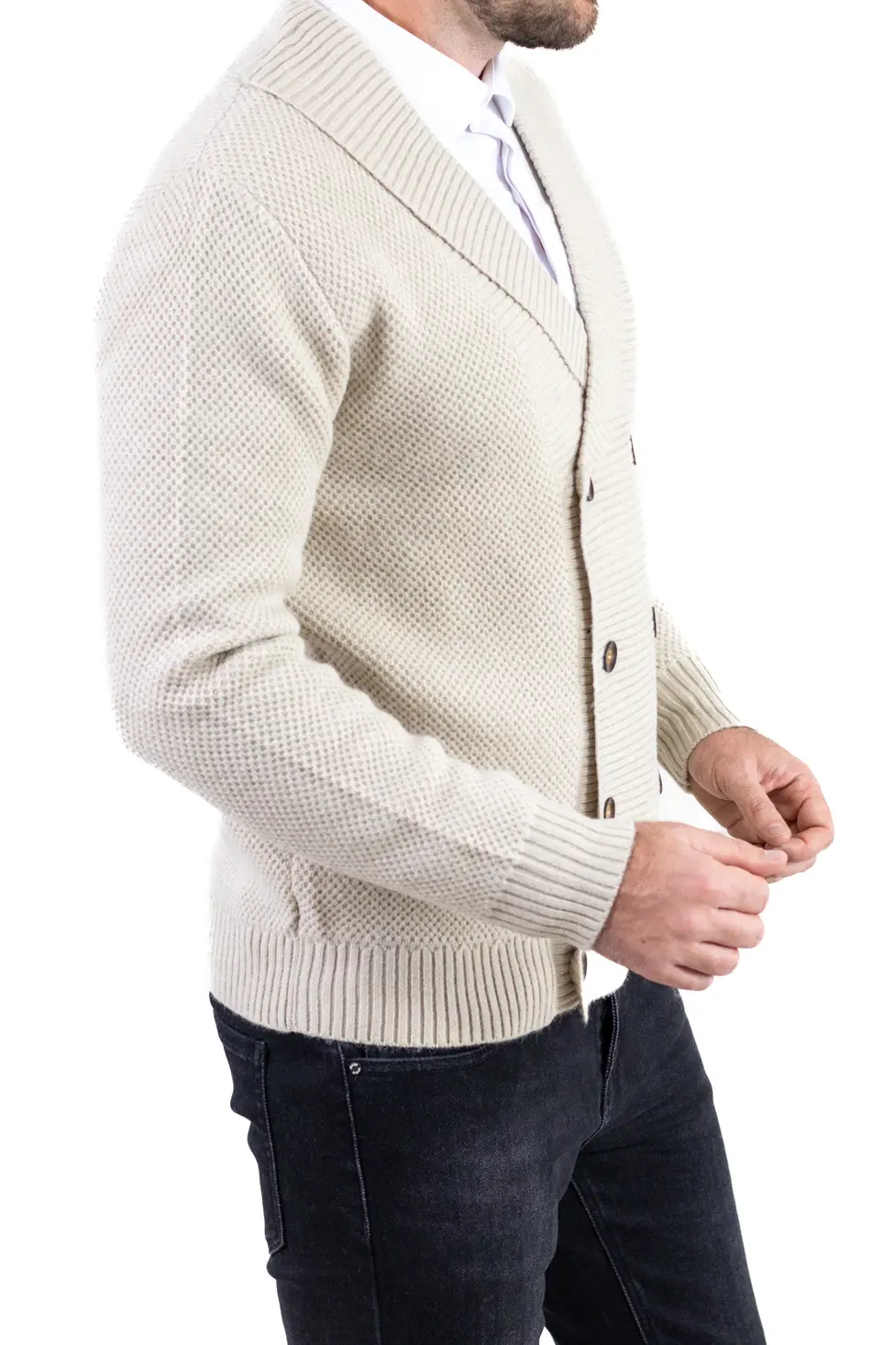 Cardigan crem bărbați elegant cu rever și nasturi [5]