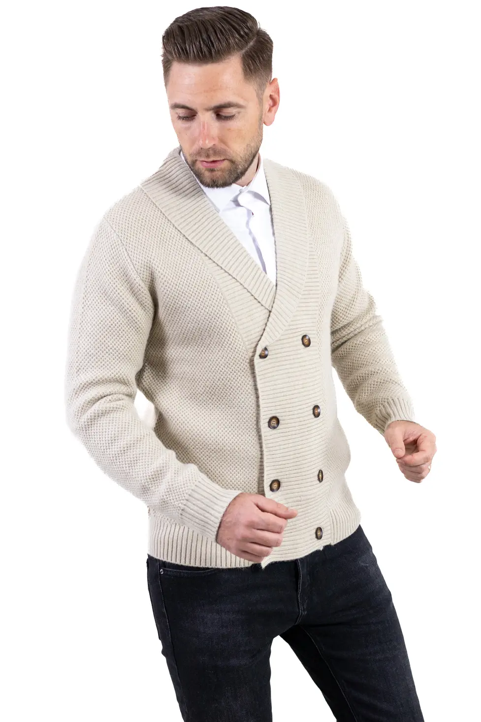 Barbati - Cardigan crem bărbați elegant cu rever și nasturi