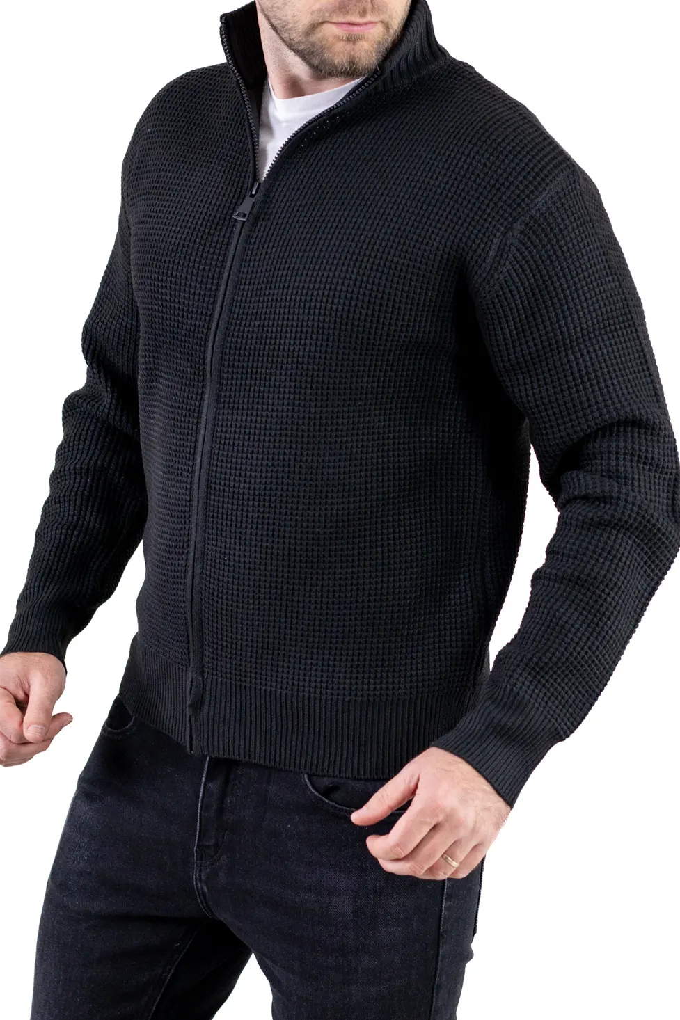 Cardigan bărbați negru din tricot cu fermoar și guler semi-înalt [4]